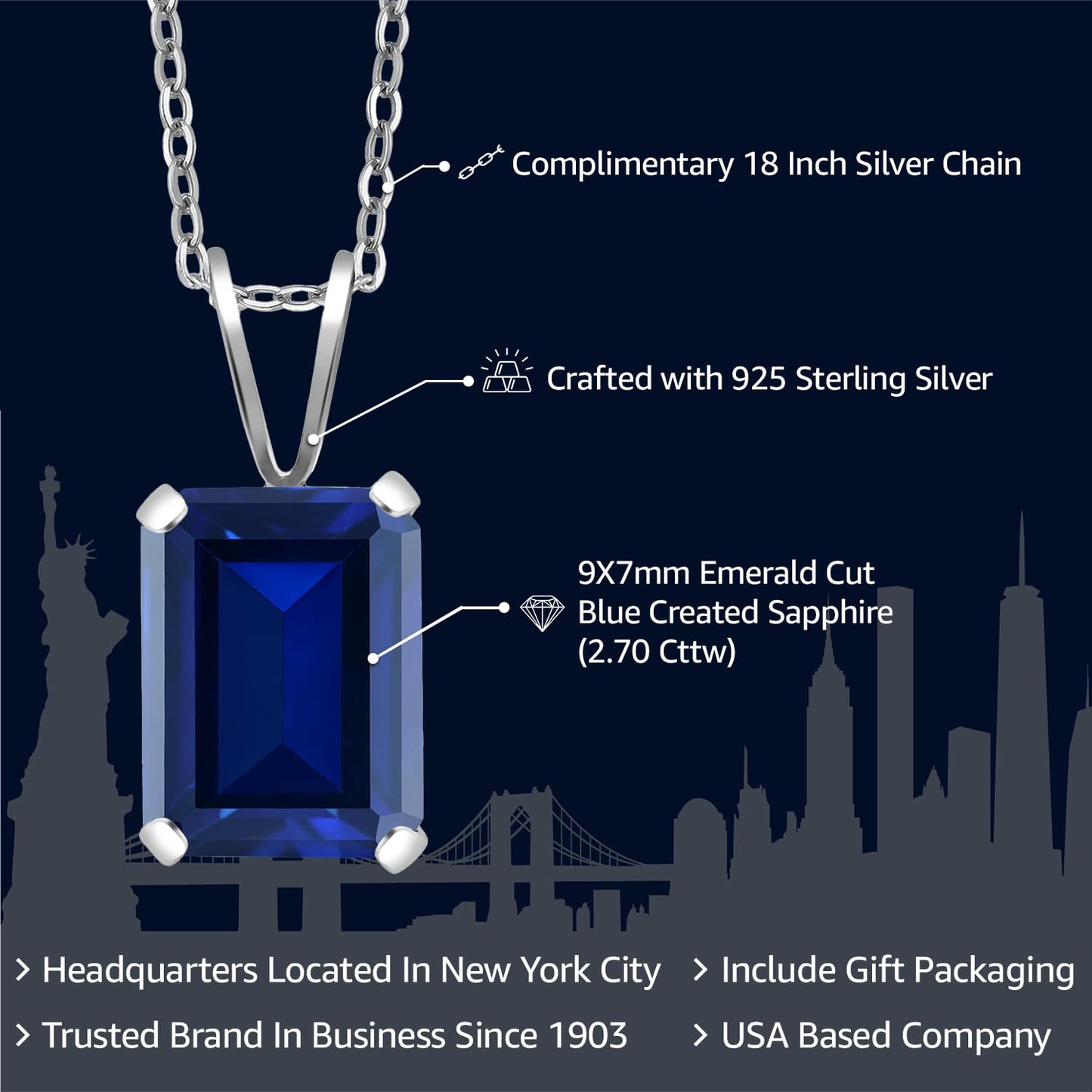 Gem Stone King Emerald Cut 9X7MM Gemstone Birthstone Pendant Necklace For Women | 925 Sterling Silver | Fine Jewelry Gifts for Her Mom Women Wife | With 18 Inch Silver Chain