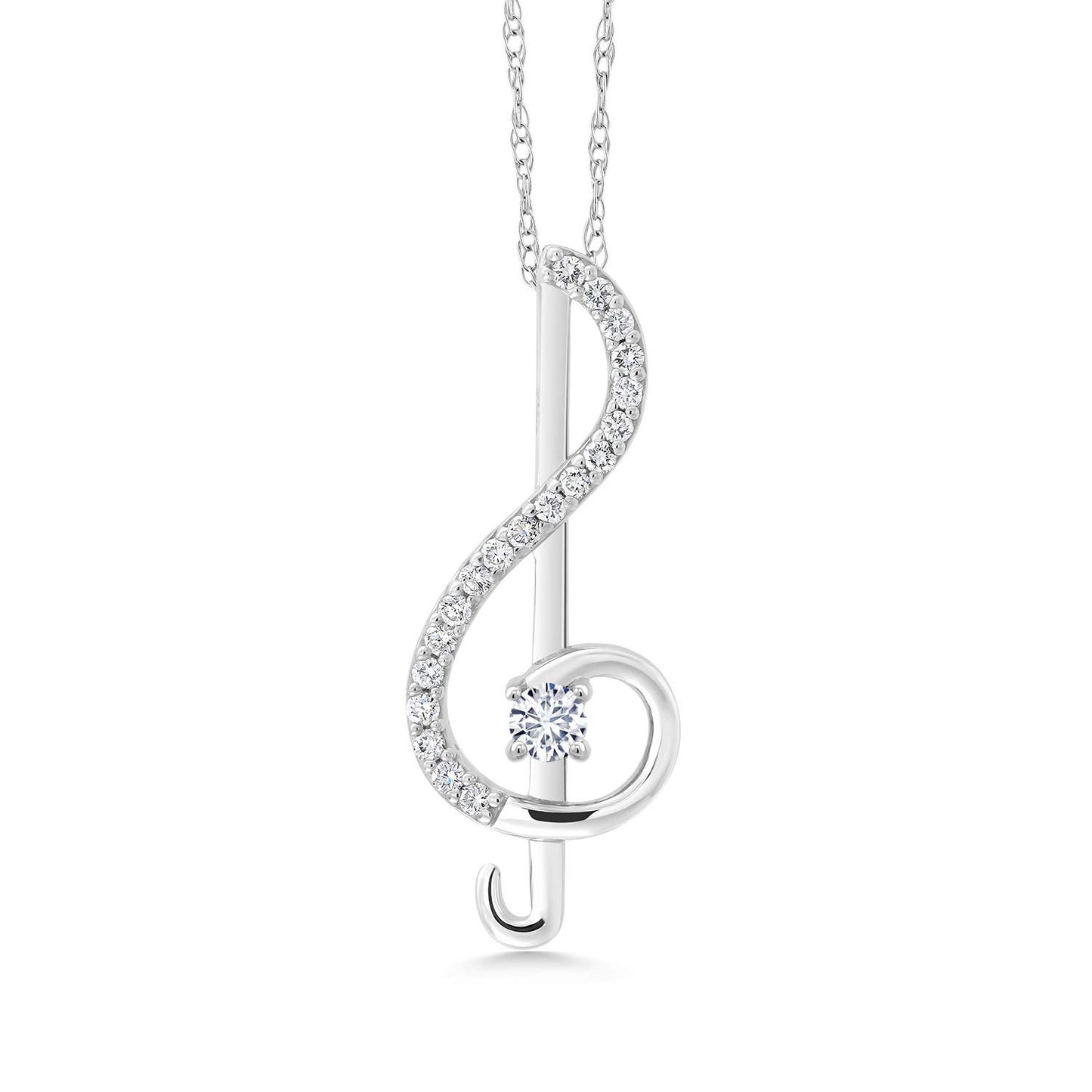 Gem Stone King 10K Gold 3MM Round Gemstone Birthstone and White Lab Grown Diamond Treble Clef Pendant Necklace Music Note Jewelry Gift For Women By Keren Hanan