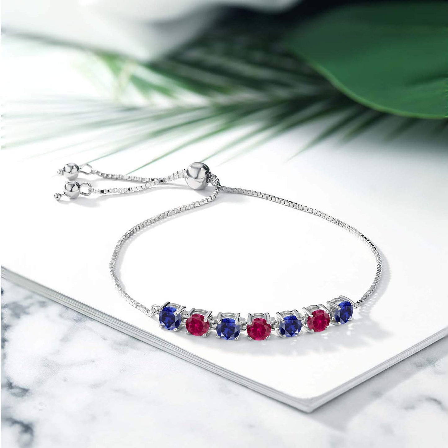 Gem Stone King 925 Sterling Silver Blue Created Sapphire and Red Created Ruby Tennis Bracelet For Women (2.60 Cttw, Fully Adjustable Up to 9 Inch)