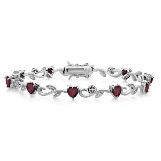 Gem Stone King 925 Sterling Silver Heart Shape Red Rhodolite Garnet and White Lab Grown Diamond Greek Vine Flower Tennis Bracelet For Women (5.54 Cttw, 7.5 Inch)