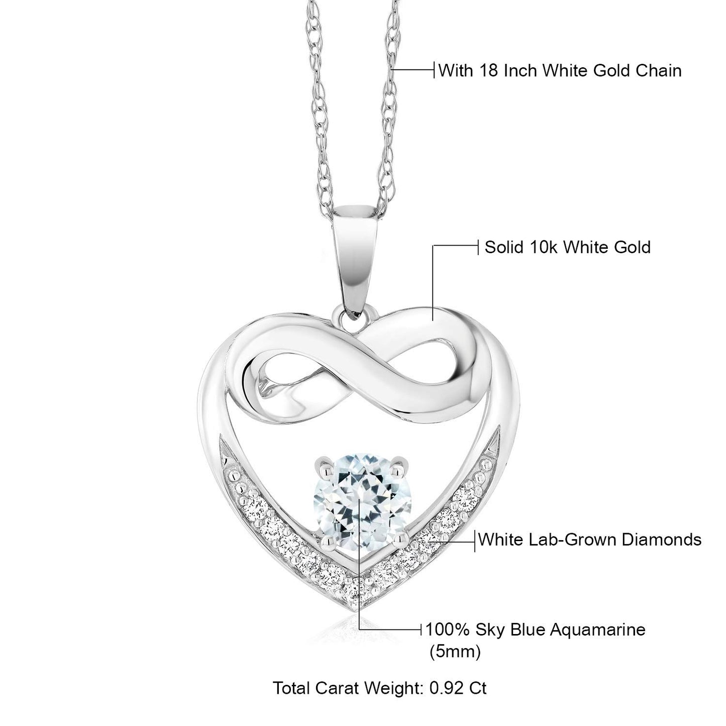 Gem Stone King 10K White Gold 5MM Gemstone Birthstone and White Lab Grown Diamond Infinity Heart Pendant Necklace | Gold Necklace For Women | With 18 Inch Silver Chain