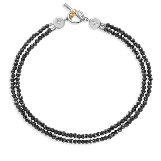 Gem Stone King 925 Silver and 10K Yellow Gold Lab Grown Diamond and Black Spinel Double Line Bead Bracelet For Women (6.5 or 7.5 Inches, with Toggle Clasp)