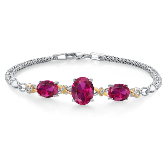 Gem Stone King 925 Silver and 10K Yellow Gold Red Created Ruby and White Lab Grown Diamond Bracelet For Women (5.76 Cttw, Oval 10X8MM and 8X6MM, 6.5/7/7.5 Inch, Made in Italy)