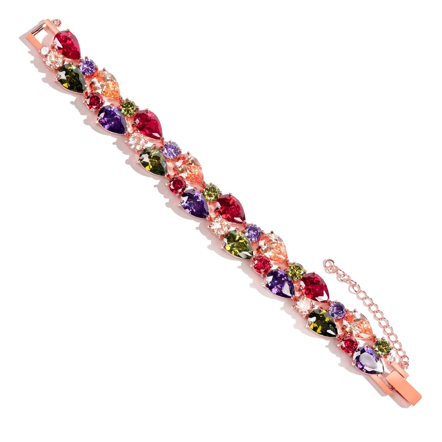 Gem Stone King Multi Color Pear Shape and Round CZ Fold Over Clasp Rose Color Bracelet for Women (7 Inches Length, 1/2 Inches Width, with Security Chain)