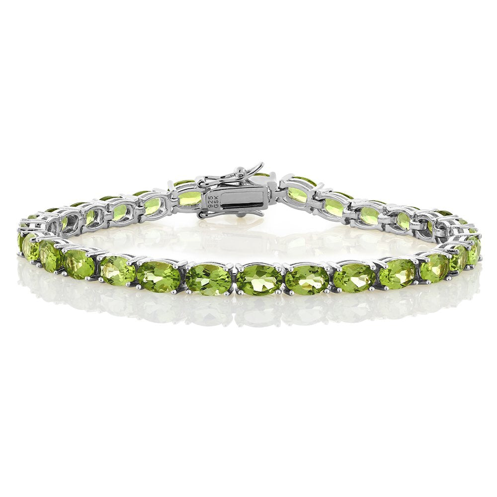 Gem Stone King Green Peridot Tennis Bracelet For Women | 925 Sterling Silver | 12.00 Cttw | Gemstone Birthstone | Oval 6X4MM | Length - 7 Inch | Fine Jewelry Gifts for Her Mom Women Wife