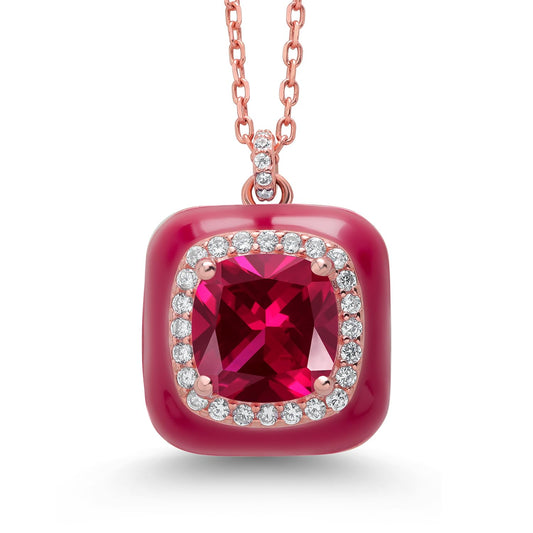 Gem Stone King Made In Italy 18K Rose Gold Plated Silver Red Simulated Ruby Red Enamel Pendant Necklace For Women (8MM Cushion, 1/2 Inch Pendant, with 17 Inch Chain)