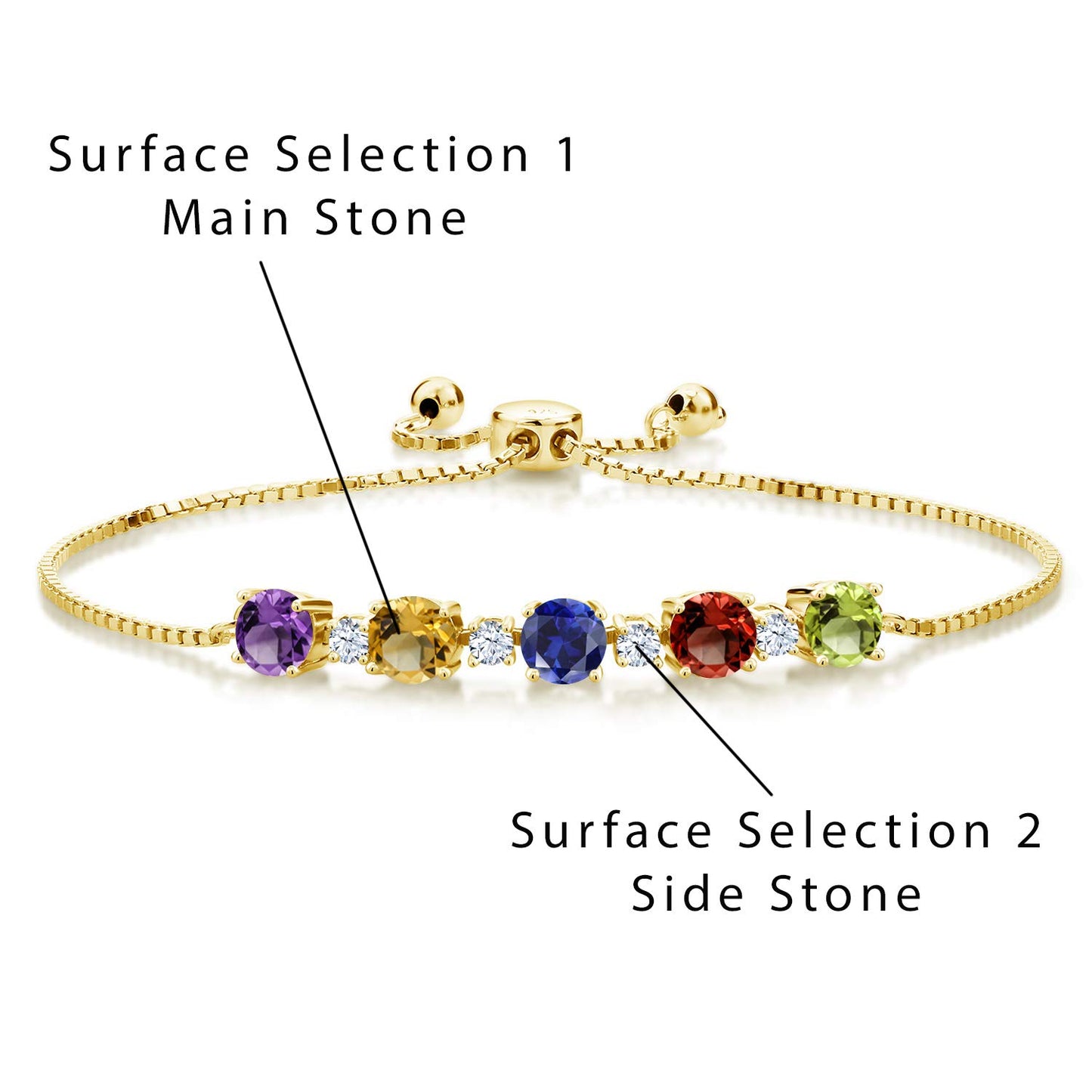 Gem Stone King 18K Yellow Gold Plated Silver Round 5 Gemstone Birthstone Customized and Personalized Tennis Bracelet For Women (5.26 Cttw, Fully Adjustable Up to 9 Inch)