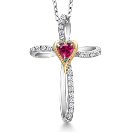 Gem Stone King Cross Necklace For Women | 925 Silver and 10K Yellow Gold 4MM Heart Shape Gemstone Birthstone and White Lab Grown Diamond Cross Pendant Necklace For Women