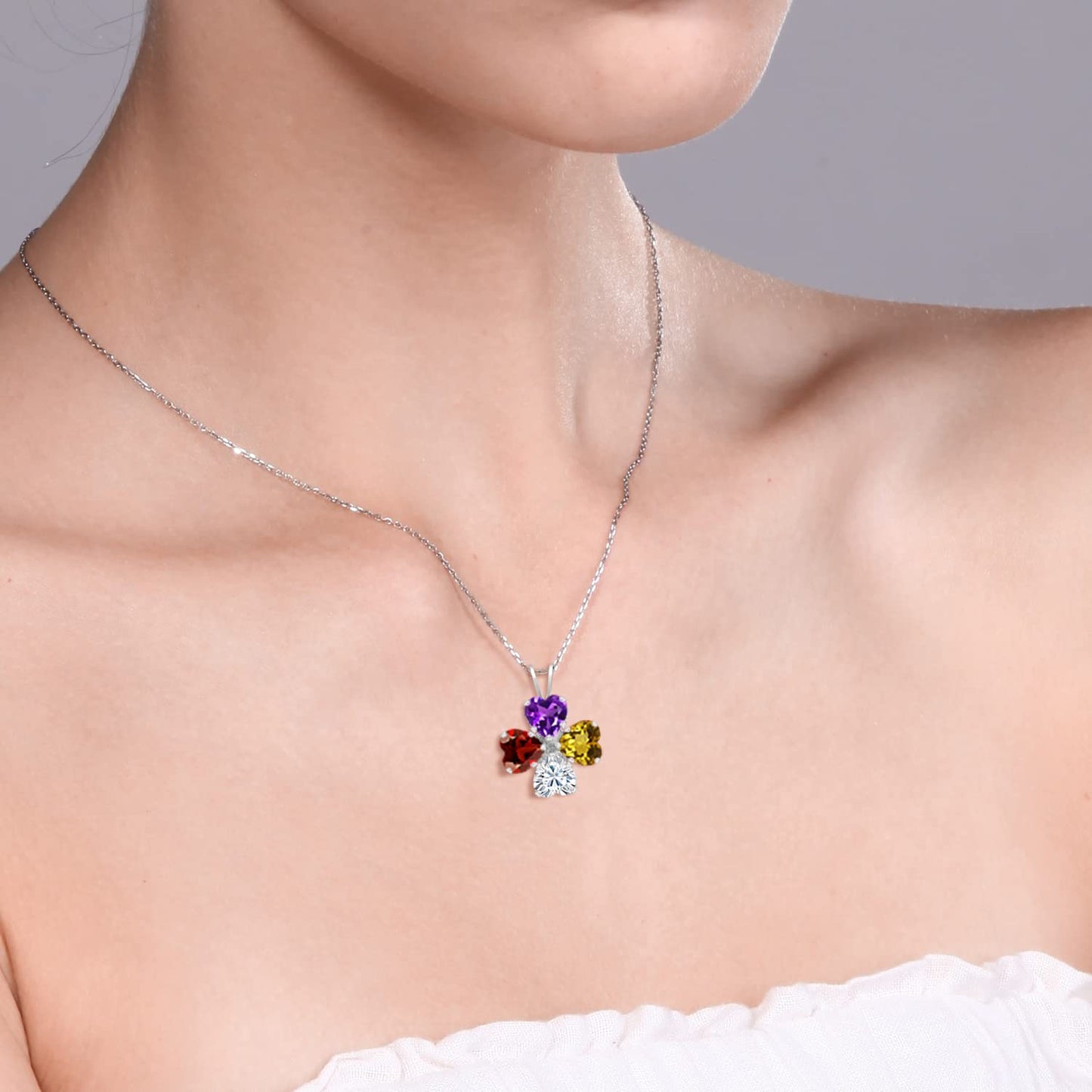 Gem Stone King 925 Sterling Silver Customized and Personalized 4 Gemstone Birthstone Fashion Love Mothers Flower Blossom Heart Shape Pendant Necklace For Women with 18 Inch Silver Chain