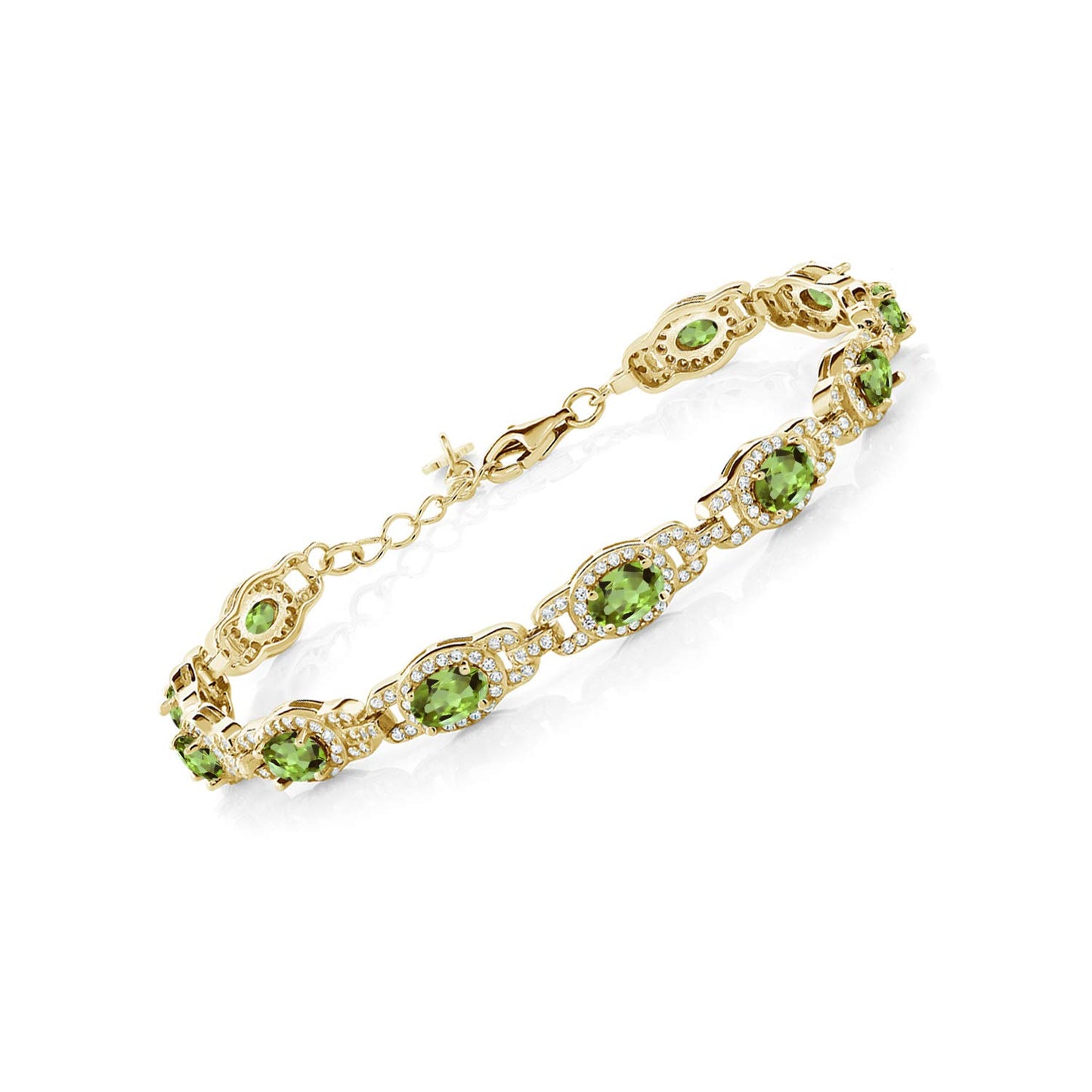 Gem Stone King 18K Yellow Gold Plated Silver Green Peridot Tennis Bracelet For Women (9.10 Cttw, Gemstone Birthstone, Oval 6X4MM, 7 Inch With 1 Inch Extender)