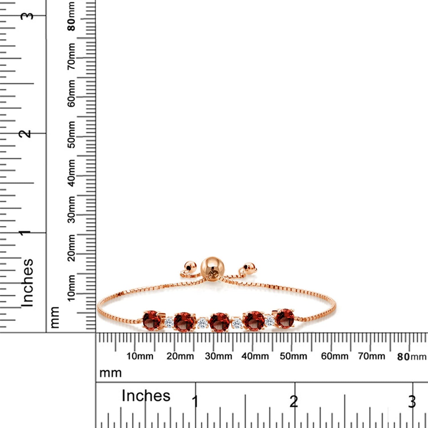 Gem Stone King 18K Rose Gold Plated Silver Red Garnet and White Topaz Tennis Bracelet For Women (5.34 Cttw, Gemstone Birthstone, Fully Adjustable Up to 9 Inch)