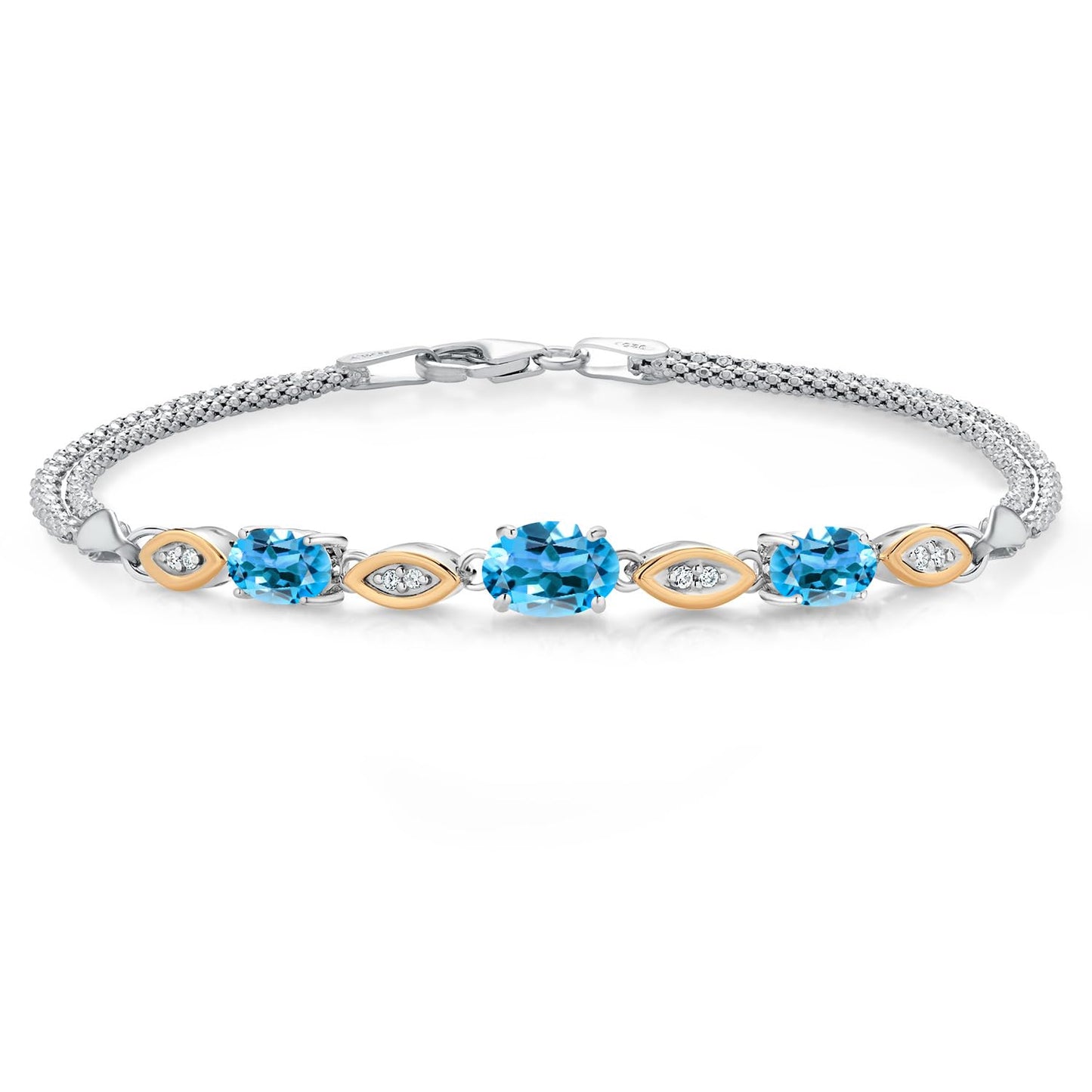 Gem Stone King 925 Silver and 10K Yellow Gold Swiss Blue Topaz and White Lab Grown Diamond Bracelet For Women (2.16 Cttw, Gemstone November Birthstone, Oval, Wheat Chain, 7 Inches)