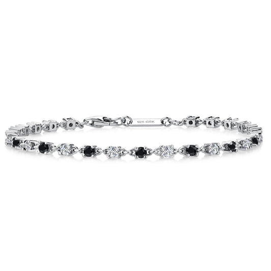 Gem Stone King Black Onyx and White Moissanite Tennis Bracelet for Women in 925 Sterling Silver | 1.76 Cttw | Round 2.5MM | Gemstone December Birthstone | 7 Inch