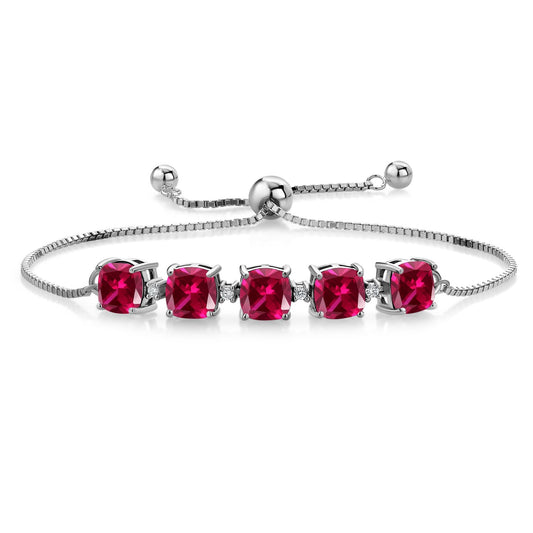 Gem Stone King 925 Sterling Silver 6MM Cushion Gemstone Birthstone and Lab Grown Diamond Tennis Bracelet For Women | Bollo Bracelet | Fully Adjustable Up to 9 Inch | Easy-On Easy-Off