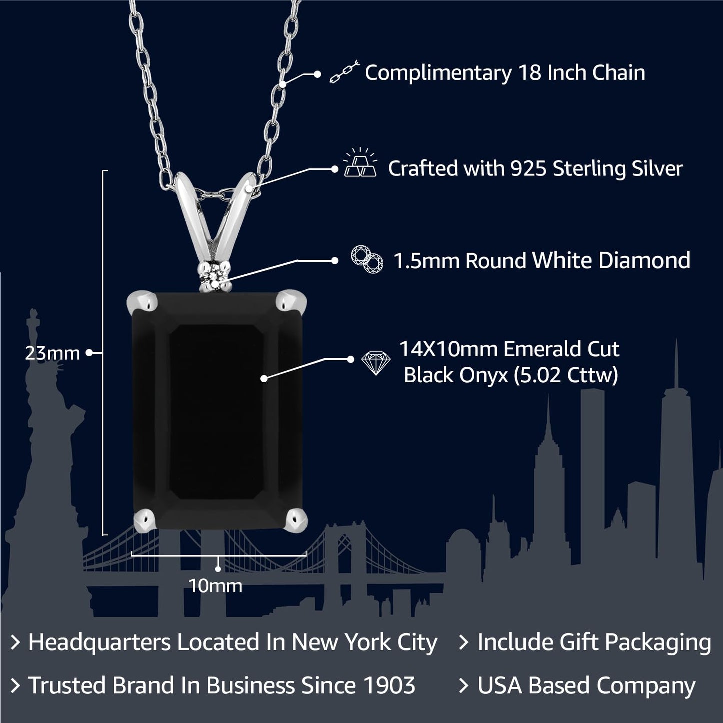 Gem Stone King 14X10MM Emerald Cut Gemstone Birthstone and White Diamond Necklace | 925 Sterling Silver | Pendant Necklace for Women | With 18 Inch Silver Chain