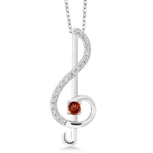 Gem Stone King 925 Sterling Silver Red Garnet Music Note Jewelry Gift Treble Clef Pendant Necklace For Women By Keren Hanan (0.34 Cttw, with 18 Inch Silver Chain)