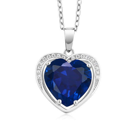 Gem Stone King 925 Sterling Silver Simulated Sapphire Necklace | 4.20 Cttw | Heart Pendant Necklace For Women | Heart Shape 10MM | With 18 Inch Silver Chain