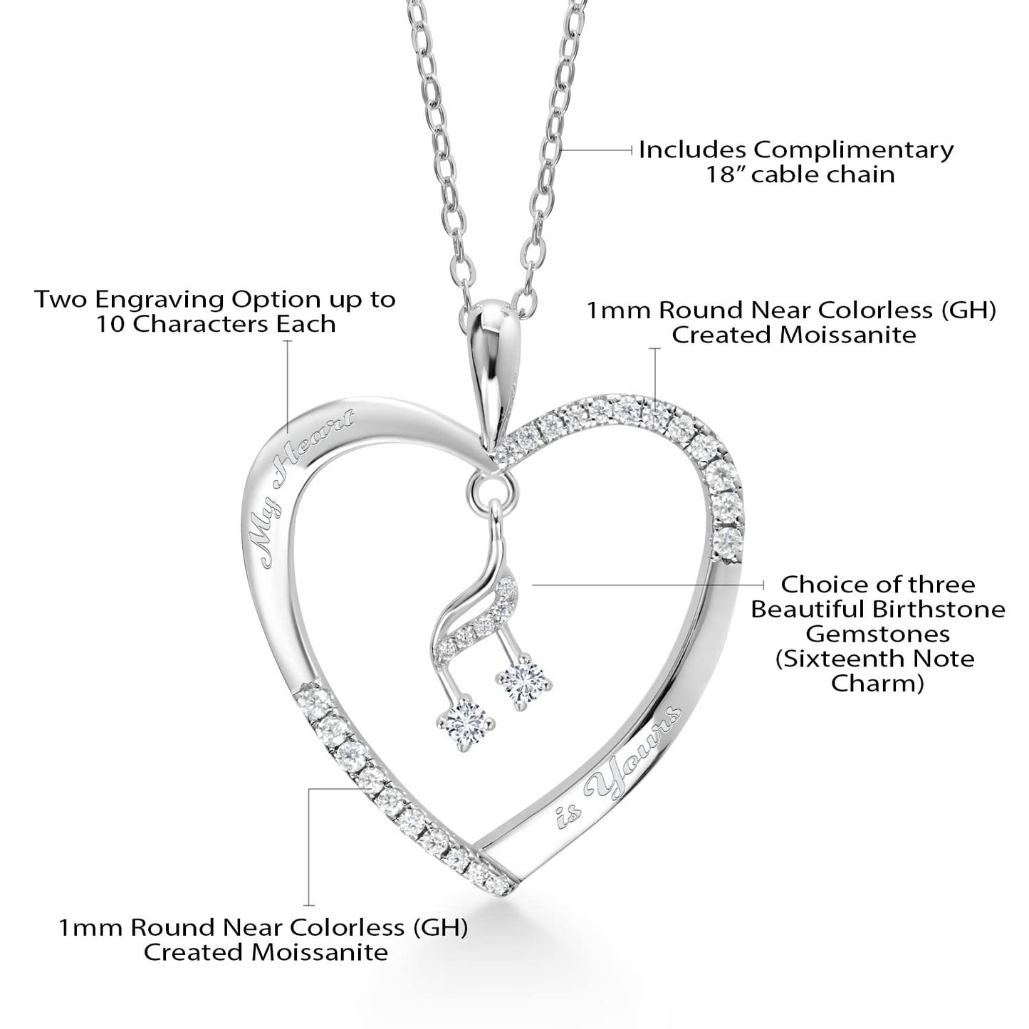 Gem Stone King 925 Sterling Silver Personalized Name Engraved Heart Pendant Necklace with Dangling Music Notes Charm and White Moissanite For Women and 18 Inch Chain