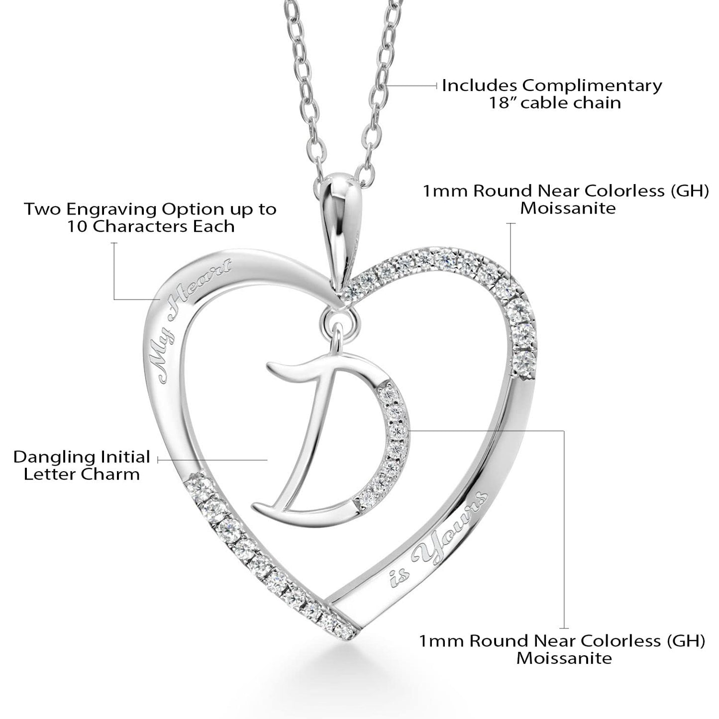 Gem Stone King 925 Sterling Silver Dangling Initial Letter D Charm Personalized Name Engraved Heart Pendant Necklace For Women Set with White Moissanite and 18 Inch Chain