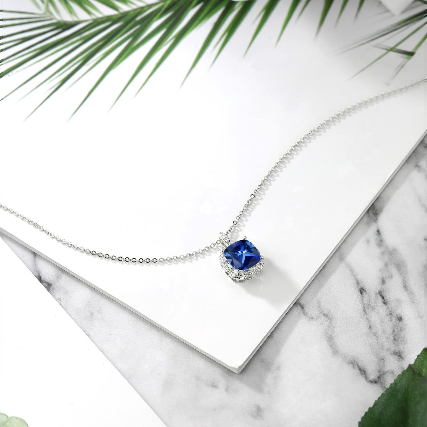 Gem Stone King 925 Sterling Silver 10MM Cushion Gemstone Birthstone Pendant Necklace | Halo Necklace for Women | With 18 Inch Silver Chain