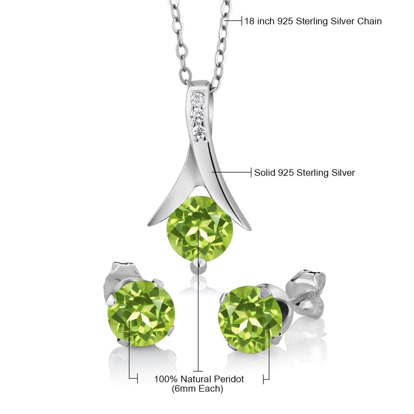 Gem Stone King 925 Sterling Silver Green Peridot Pendant and Earrings Set For Women (3.00 Cttw, Round Gemstone Birthstone, with 18 Inch Chain)