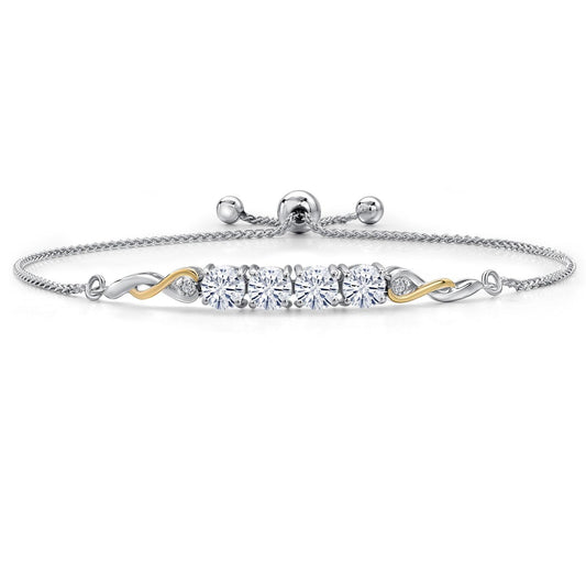 Gem Stone King 925 Silver and 10K Yellow Gold White Moissanite and White Lab Grown Diamond Bracelet For Women | 2.02 Cttw | Round 5MM | Fully Adjustable 9 Inch