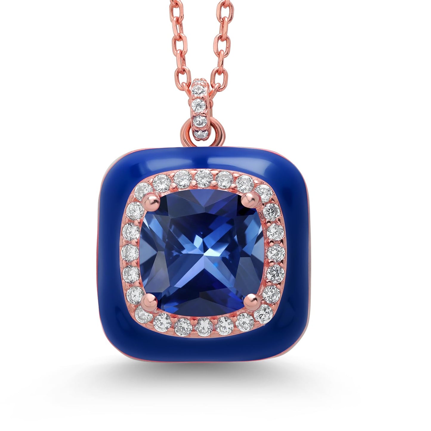 Gem Stone King Made In Italy 18K Rose Gold Plated Silver Blue Simulated Tanzanite Blue Enamel Pendant Necklace For Women (8MM Cushion, 1/2 Inch Pendant, with 17 Inch Chain)