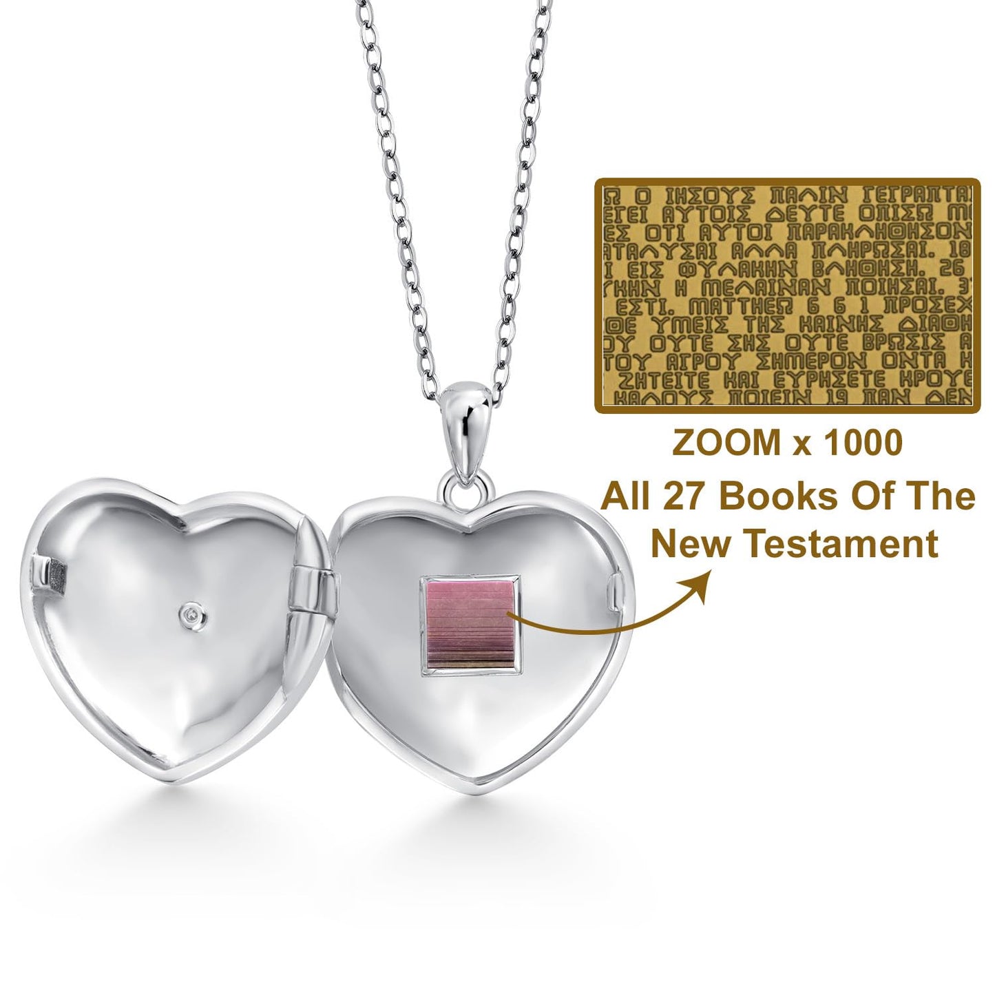 Gem Stone King 925 Sterling Silver Customized and Personalized Engraved Nano Chip Old Bible or New Testament with Lab Grown Diamond Heart Locket Pendant Necklace For Women with 18 Inch Chain