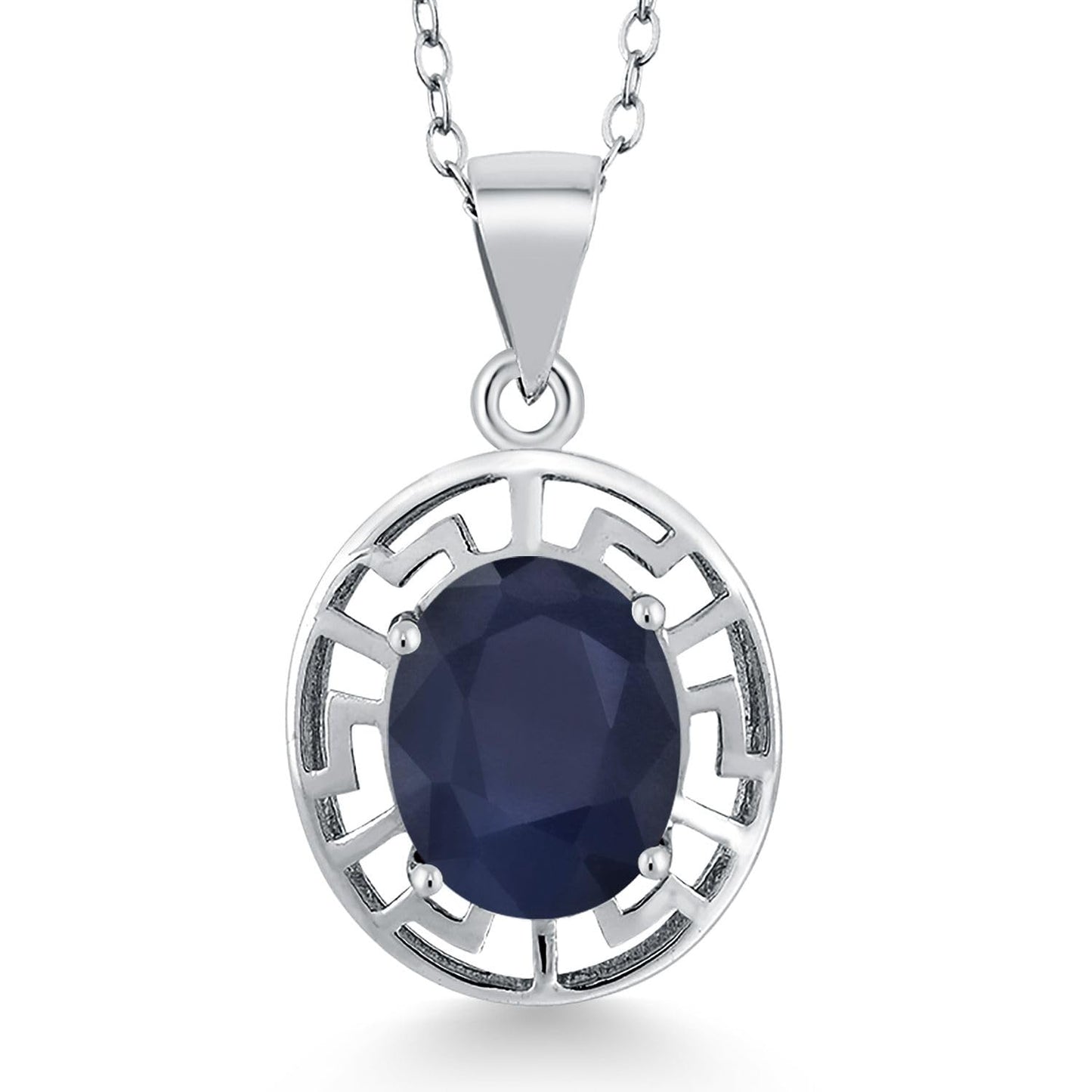 Gem Stone King 925 Sterling Silver 10X8MM Oval Gemstone Birthstone Necklace | Greek Key Pendant Necklace for Women | With 18 Inch Silver Chain