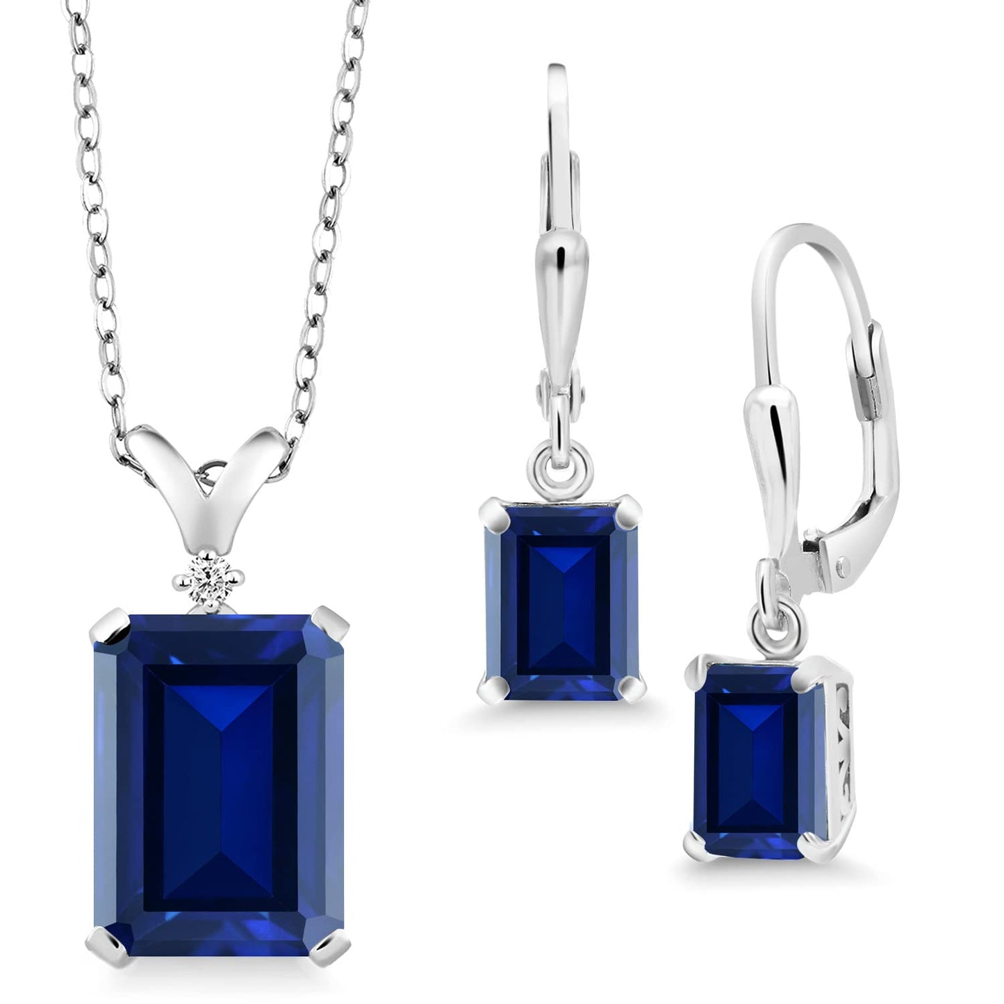 Gem Stone King Emerald Cut 14X10MM and 8X6MM Gemstone Birthstone and Diamond Pendant and Earrings Jewelry Set For Women | 925 Sterling Silver | With 18 Inch Silver Chain