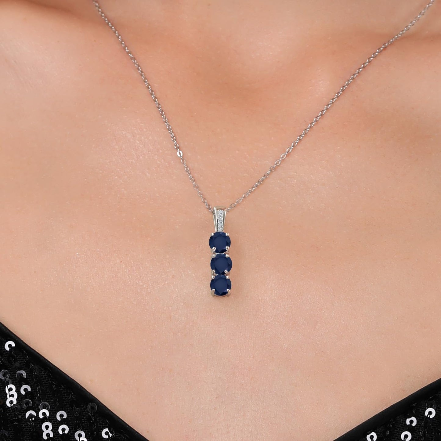 Gem Stone King 925 Sterling Silver Blue Sapphire and White Diamond Pendant Necklace For Women (1.84 Cttw, Round 5MM, with 18 Inch Silver Chain)