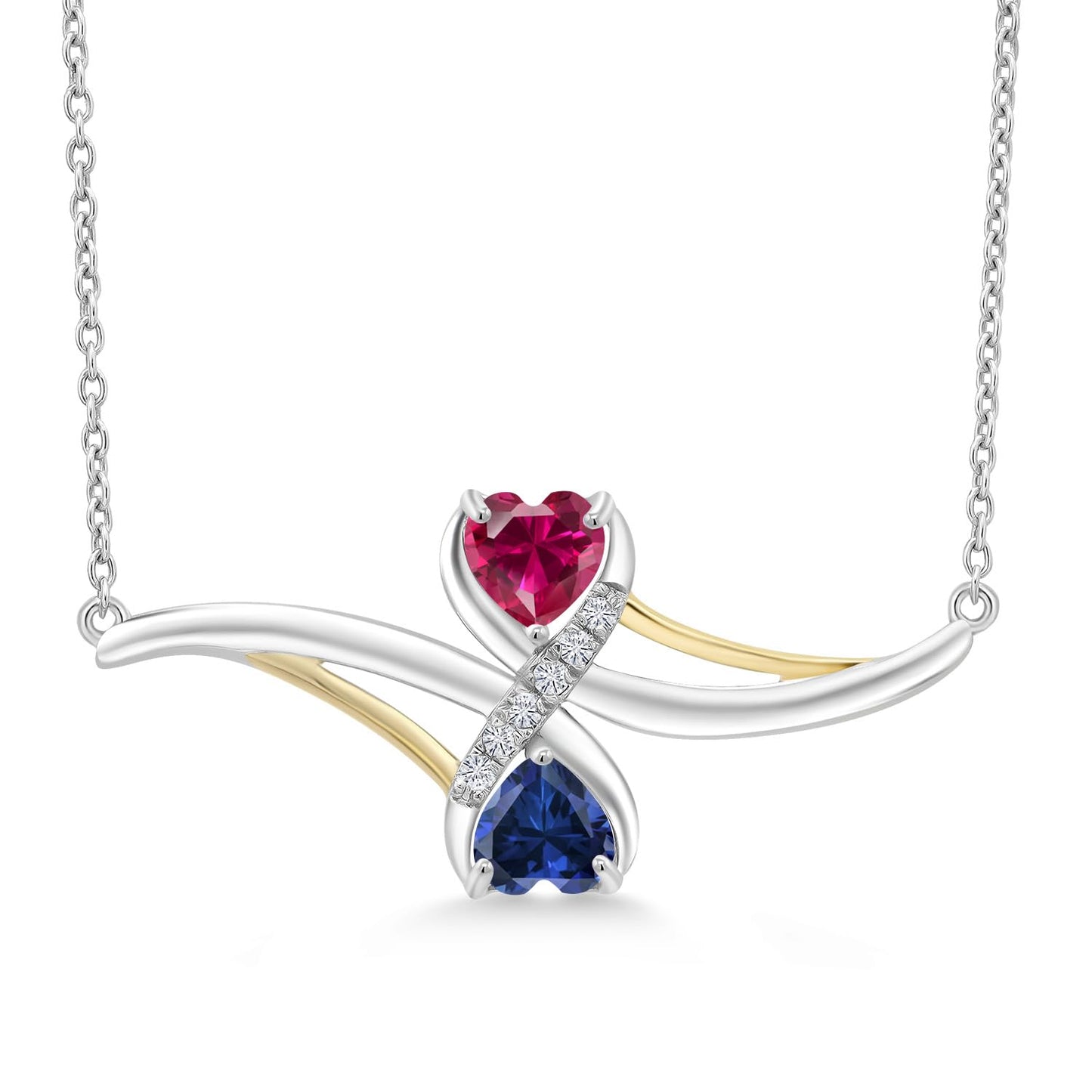 Gem Stone King 925 Silver and 10K Yellow Gold Red Created Ruby and Blue Created Sapphire with White Lab Grown Diamond Pendant Necklace For Women (1.16 Cttw, with 18 Inch Chain)