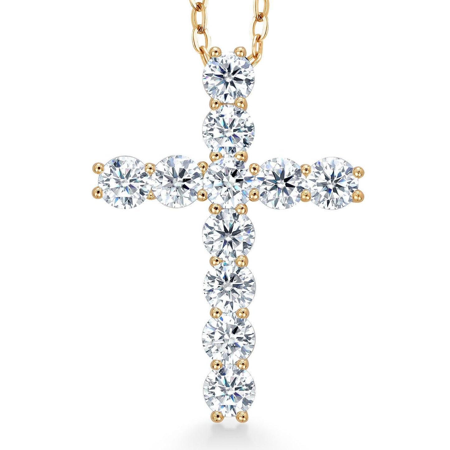 Gem Stone King 18K Yellow Gold Plated Silver White Round Moissanite Cross Pendant Necklace (1.76 Cttw, with 18 Inch Silver Chain, 1 Inch)