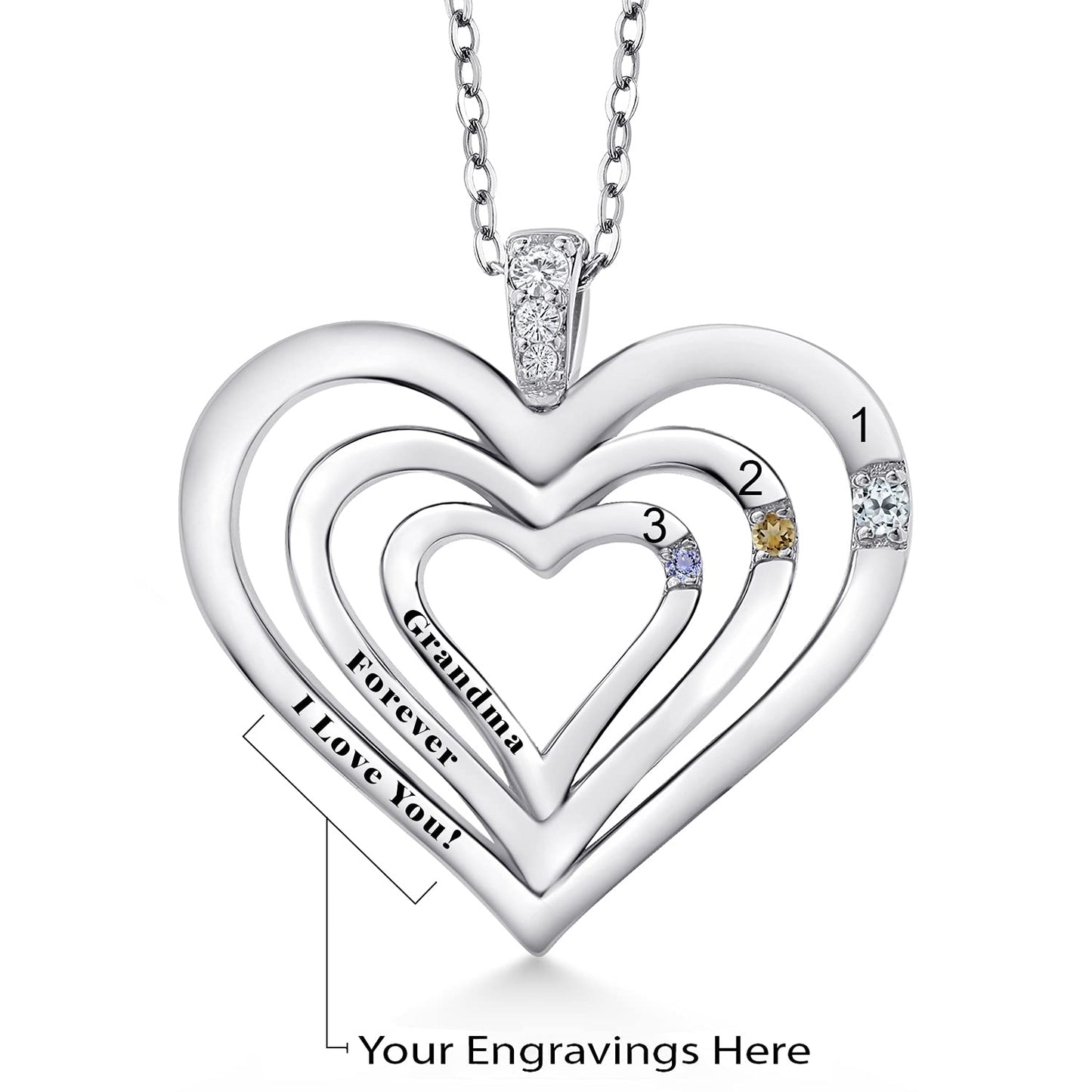 925 Sterling Silver Engraved Customized and Personalized 3-Stone Gemstone Birthstone and White Lab Grown Diamond Heart Pendant Necklace For Women By Keren Hanan with 18 Inch Silver Chain