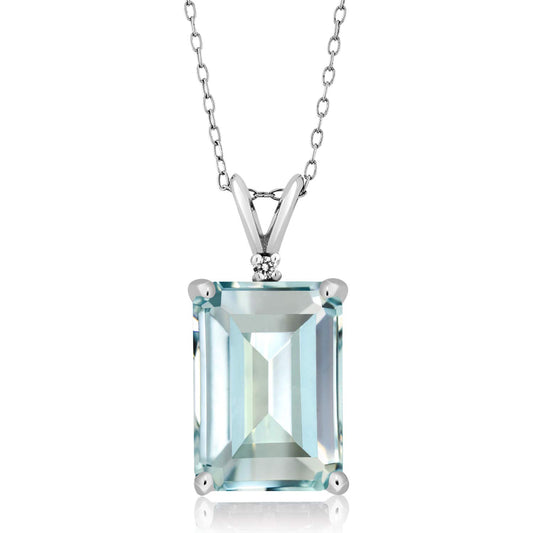 Gem Stone King 14X10MM Emerald Cut Gemstone Birthstone and White Diamond Necklace | 925 Sterling Silver | Pendant Necklace for Women | With 18 Inch Silver Chain