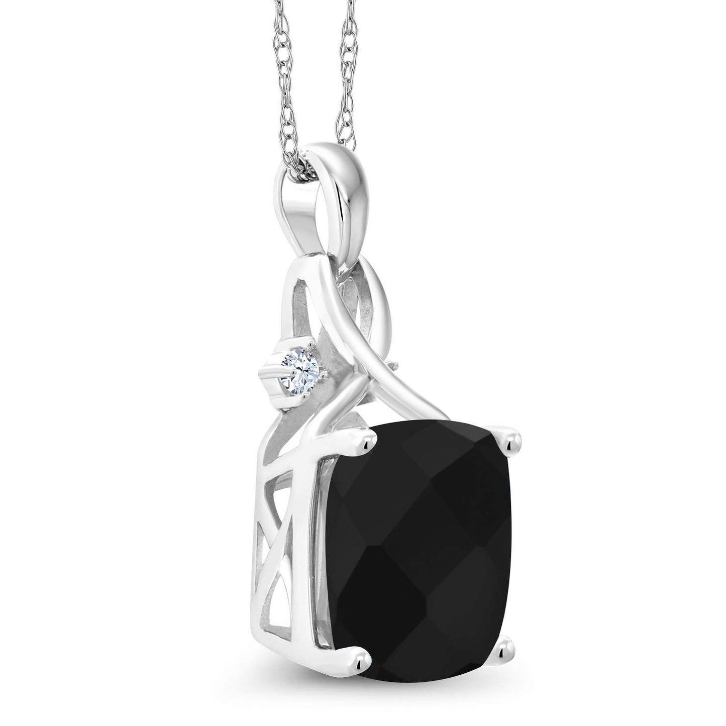 Gem Stone King 10K White Gold Black Onyx Pendant Necklace For Women (3.68 Cttw, Gemstone December Birthstone, Cushion Checkerboard Cut 10MM, with 18 Inch Chain)