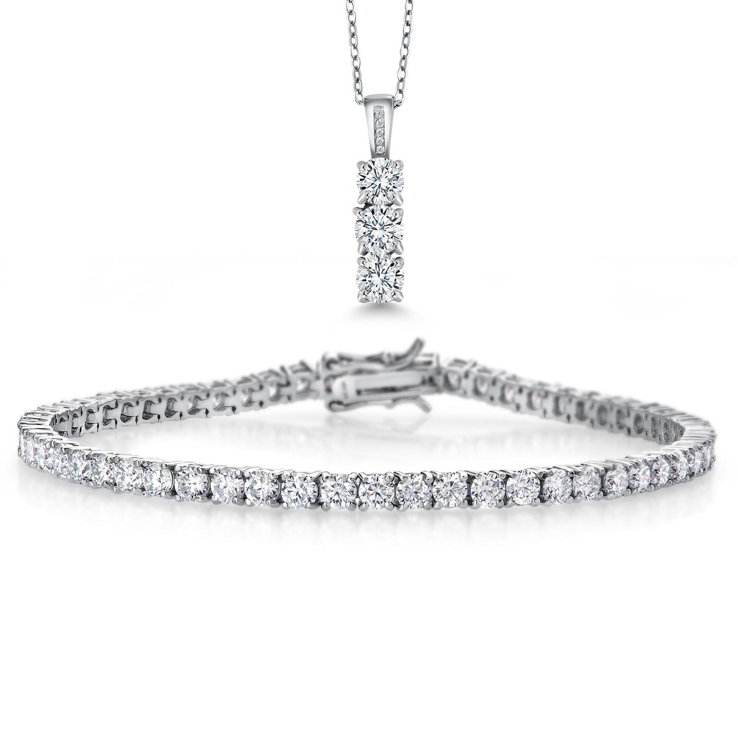 Gem Stone King 925 Sterling Silver Moissanites Tennis Bracelet Pendant Necklace Set For Women | Bracelet 6.00 Cttw and 3MM Round Stones, 7.25 Inch | Pendant 1.54 Cttw and 5MM Stone with 18 Inch Chain