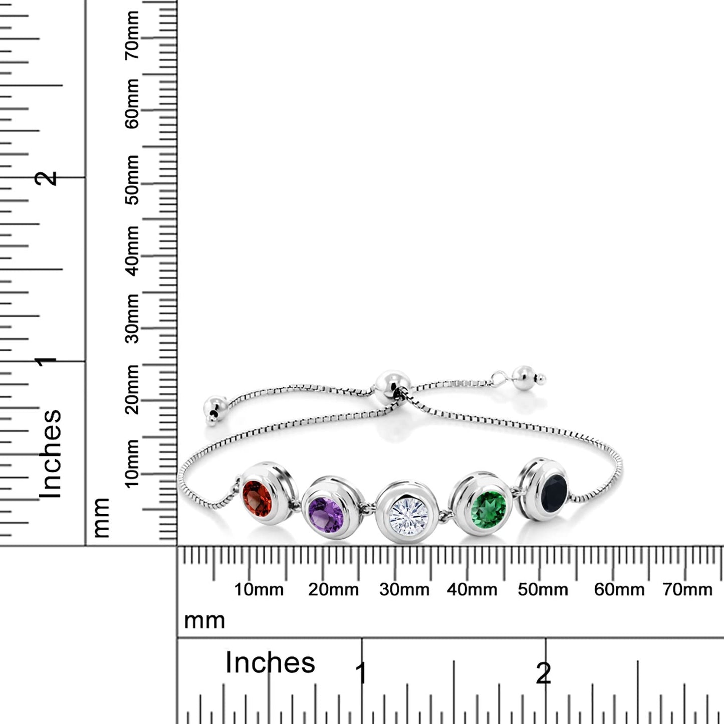 Gem Stone King 925 Sterling Silver Customized and Personalized 5-Stone Round Bezel Gemstone Birthstone Tennis Bracelet For Women Fully Adjustable Up to 9 Inch