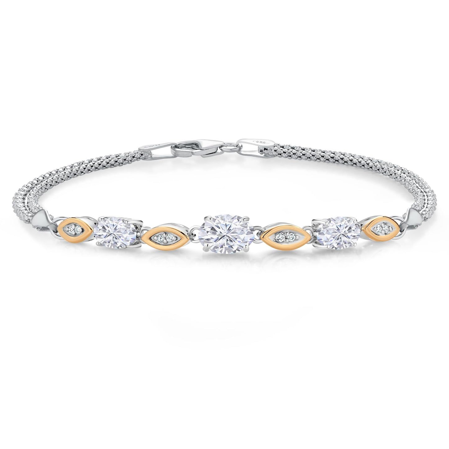 Gem Stone King 925 Silver and 10K Yellow Gold White Moissanite and White Lab Grown Diamond Bracelet For Women (1.96 Cttw, Gemstone, Oval, Wheat Chain, 7 Inches)