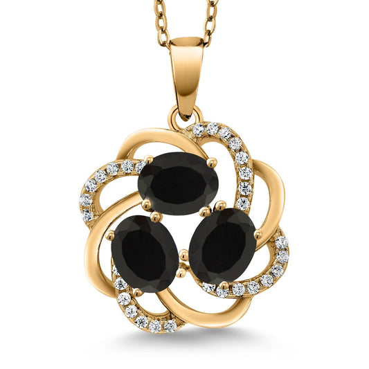 Gem Stone King 18K Yellow Gold Plated Silver Black Onyx 3-Stone Pendant Necklace For Women (1.57 Cttw, Oval Gemstone Birthstone, with 18 Inch Chain)