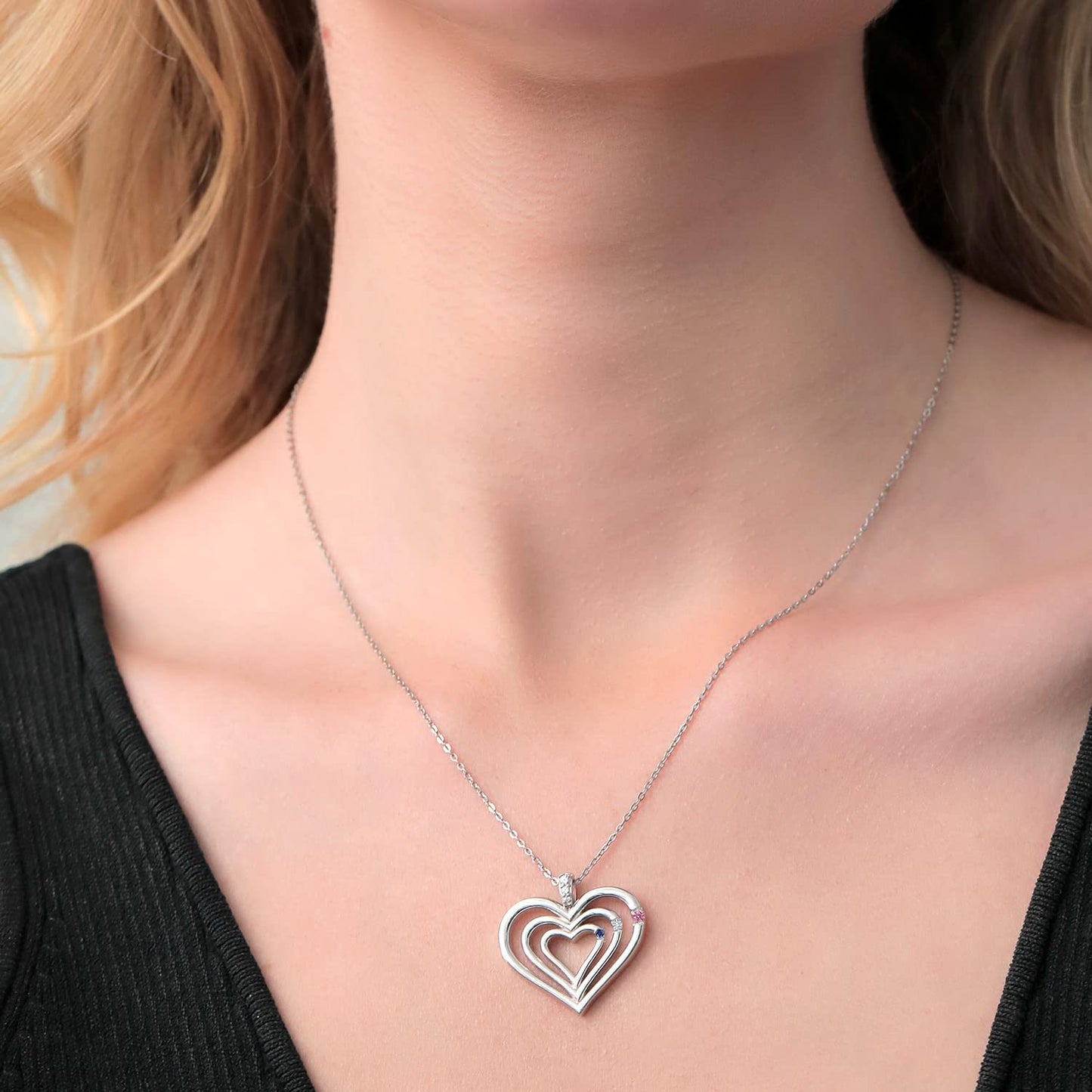 925 Sterling Silver Engraved Customized and Personalized 3-Stone Gemstone Birthstone and White Lab Grown Diamond Heart Pendant Necklace For Women By Keren Hanan with 18 Inch Silver Chain