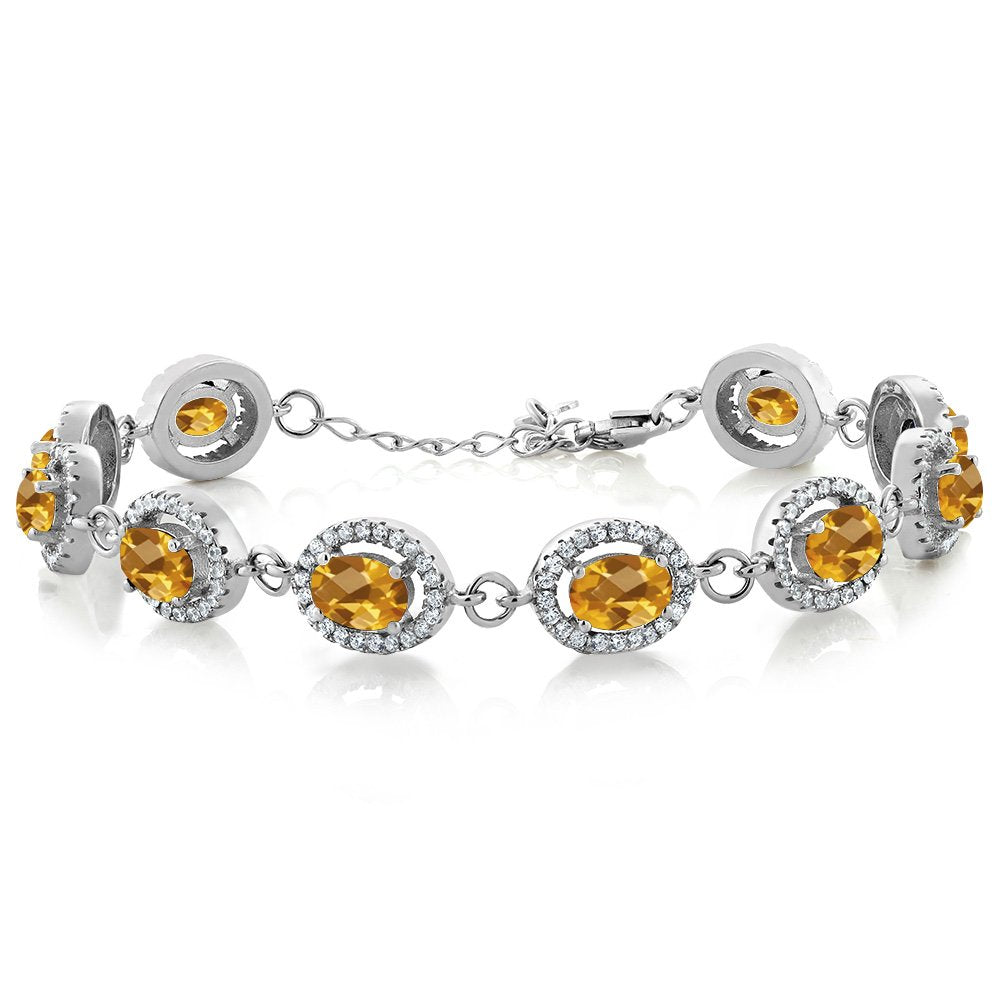 Gem Stone King 9.88 Cttw Yellow Citrine Tennis Bracelet For Women In 925 Sterling Silver | 7X5MM Oval Checkerboard Cut | Gemstone November Birthstone | 7.5 Inch