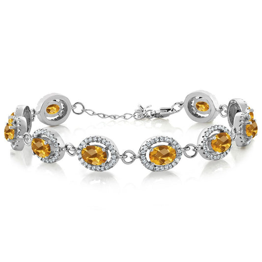 Gem Stone King 9.88 Cttw Yellow Citrine Tennis Bracelet For Women In 925 Sterling Silver | 7X5MM Oval Checkerboard Cut | Gemstone November Birthstone | 7.5 Inch