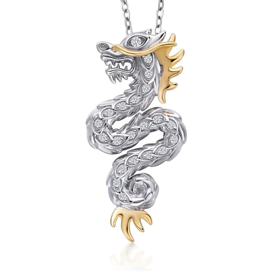 Gem Stone King Dragon Necklace with Lab Grown Diamond In 925 Sterling Silver and 10K Gold By Keren Hanan | Dragon Pendant Symbolize Luck Strength and Success | With 18 Inch Chain