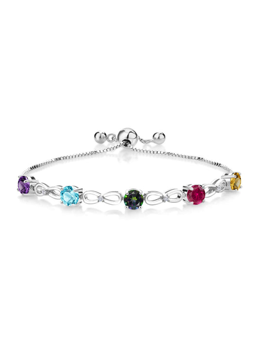 Gem Stone King 925 Sterling Silver Customized and Personalized 5 Gemstone Birthstone and White Lab Grown Diamond Adjustable Tennis Bracelet For Women