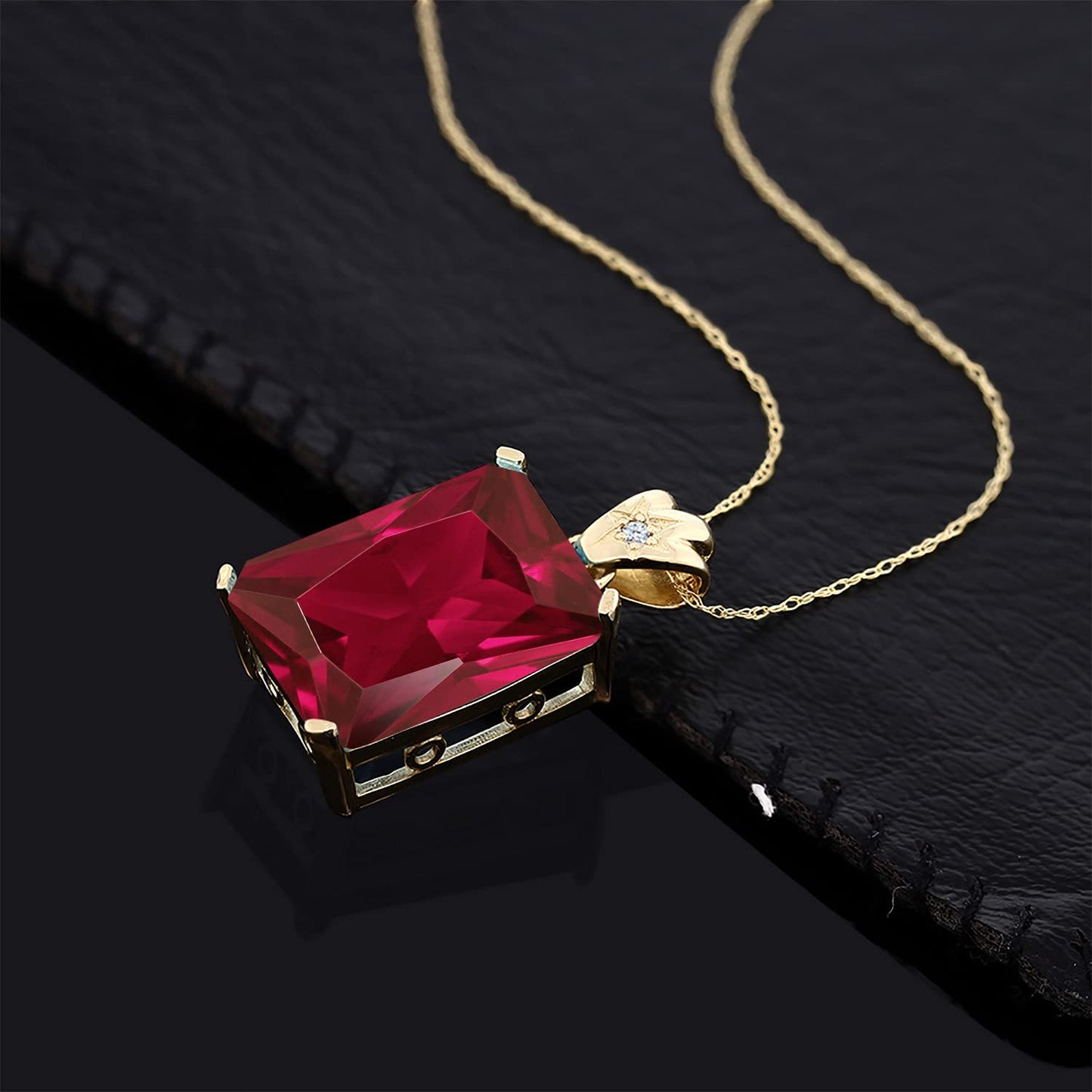 Gem Stone King 18K Yellow Gold Plated Silver Red Created Ruby Pendant Necklace For Women (20.05 Cttw, Emerald Cut 18X13MM, with 18 Inch Silver Chain)