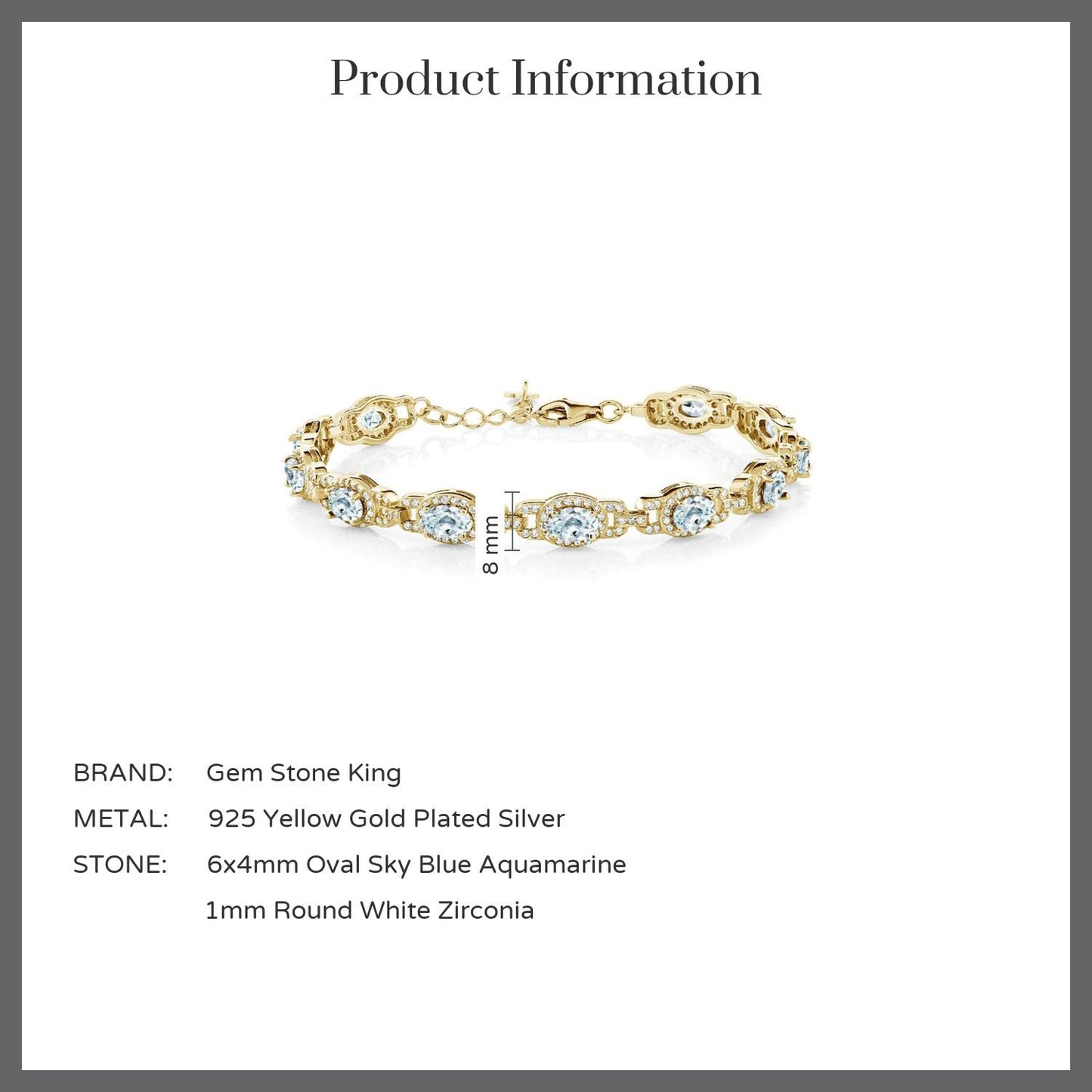 Gem Stone King 18K Yellow Gold Plated Silver Sky Blue Aquamarine Tennis Bracelet For Women (8.33 Cttw, Gemstone Birthstone, With 1 Inch Extender