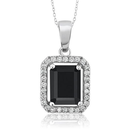 Gem Stone King 9X7MM Emerald Cut Gemstone Birthstone and White Moissanite Halo Pendant Necklace For Women | 925 Sterling Silver | With 18 Inch Silver Chain