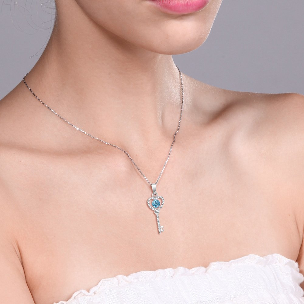 Gem Stone King Heart Key Pendant Necklace For Women | 925 Sterling Silver | Gemstone Birthstone | Round 5MM | With 18 Inch Silver Chain