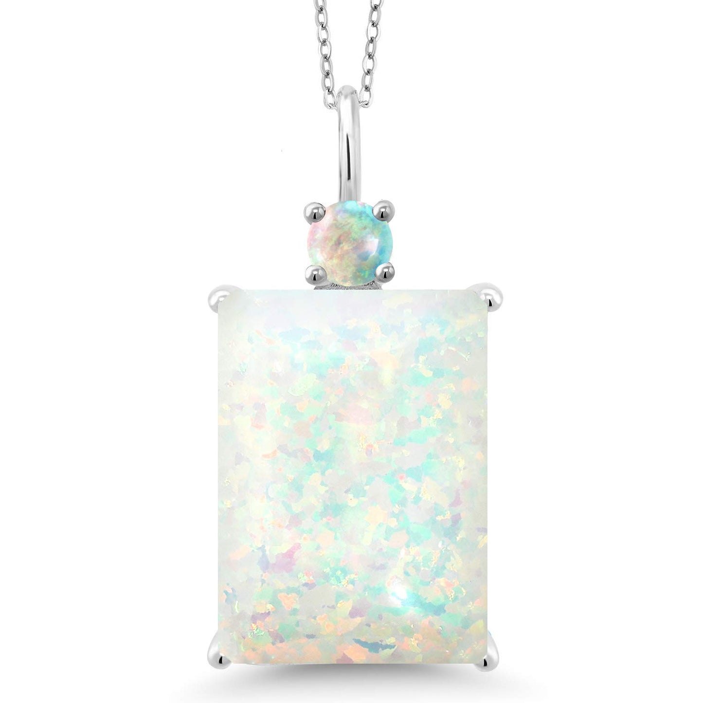 Gem Stone King 925 Sterling Silver White Opal Pendant Necklace For Women (4.91 Cttw, Emerald Cut Cabochon 18X13MM, With 18 Inch Silver Chain)